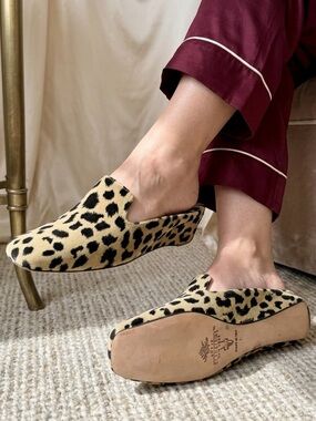 AMY JO GLADSTONE Vintage Leopard Velvet Square Toe Slipper Mules Size M